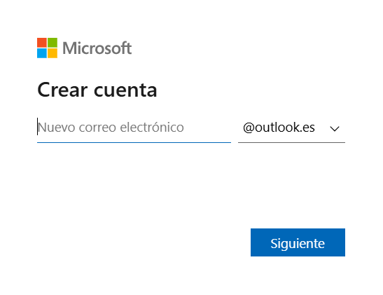 Ventana de creación de cuenta de Outlook