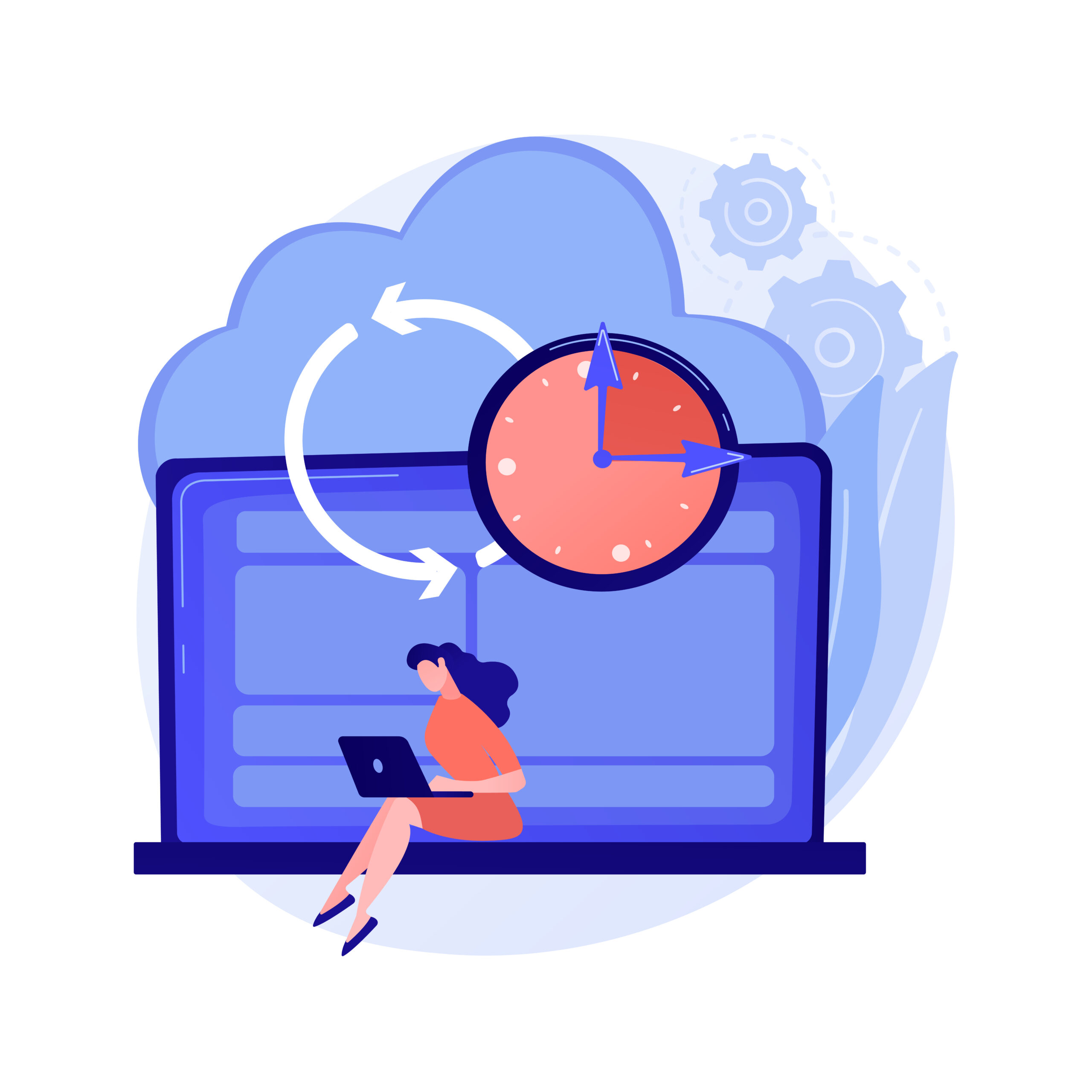 Ilustración estilizada que muestra a una persona sentada al borde de una gran pantalla de portátil, concentrada en su trabajo. Encima del dispositivo, un gran reloj con flechas simboliza la sincronización, mientras el fondo presenta una nube y engranajes que evocan la computación en la nube y procesos automatizados.