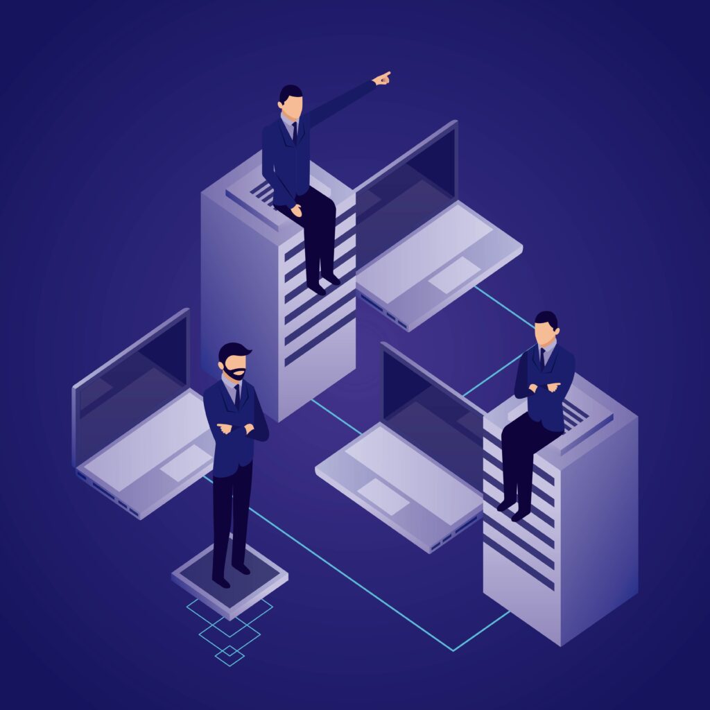 Ilustración isométrica de profesionales interactuando con servidores y computadoras portátiles en un entorno de centro de datos. La imagen representa la gestión de infraestructura digital y el redireccionamiento eficiente de datos en una red empresarial.