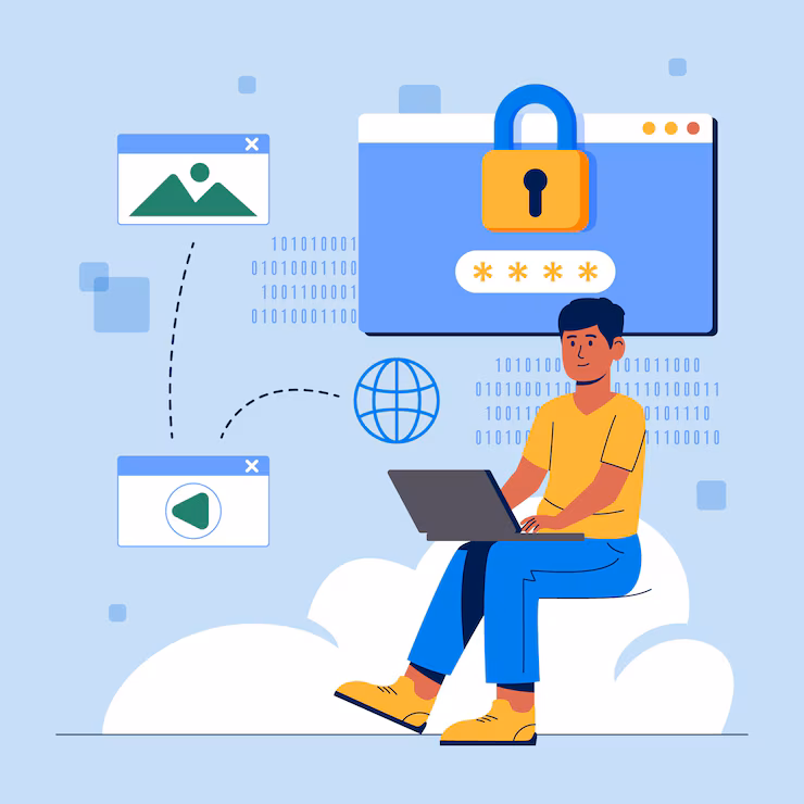Ilustración de seguridad digital con usuario en la nube, rodeado de iconos multimedia y un candado con campo de contraseña. Representa la protección de datos y privacidad online, asegurada mediante WHOIS Privacy.